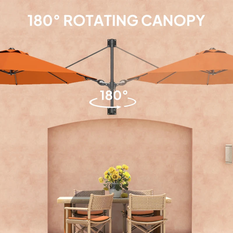 3m Wall-Mounted Parasol Shade with Handle - Outdoor Orange Sun Umbrella for Patio