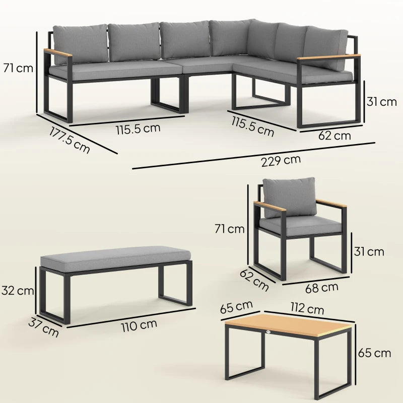 6-Piece L-Shaped Garden Furniture Set with 3 Loveseats - Natural Wood Outdoor Seating