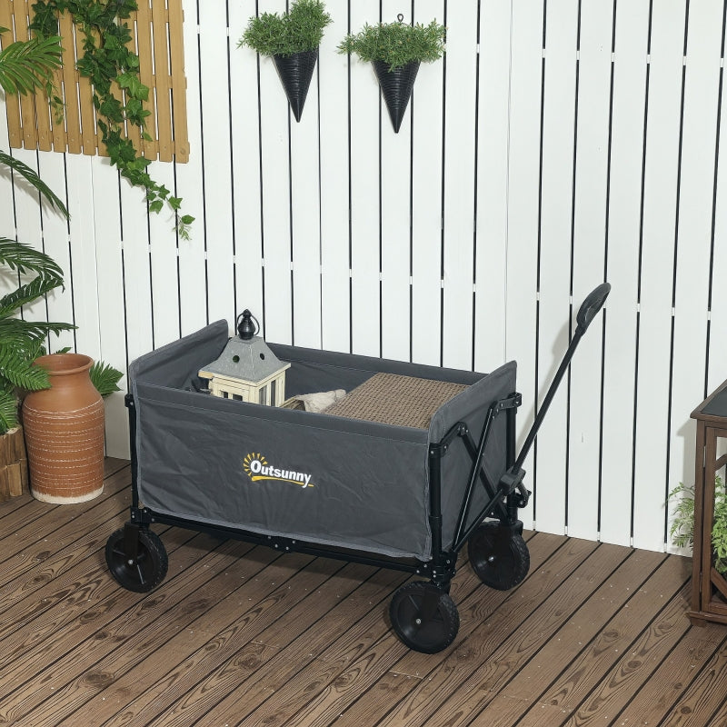 120L Grey Folding Garden Trolley Cart - Outdoor Collapsible Wagon with Wheels & Adjustable Handle for Beach, Camping & Festivals