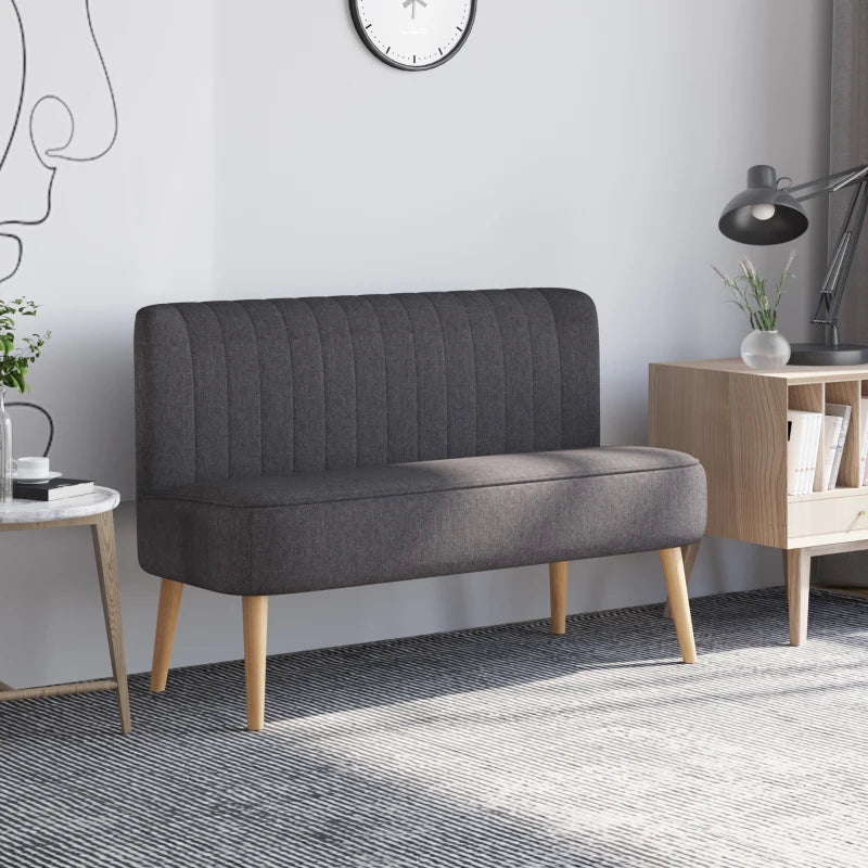 Modern Compact Double Seat Sofa Loveseat in Dark Grey with Padded Linen and Wooden Legs