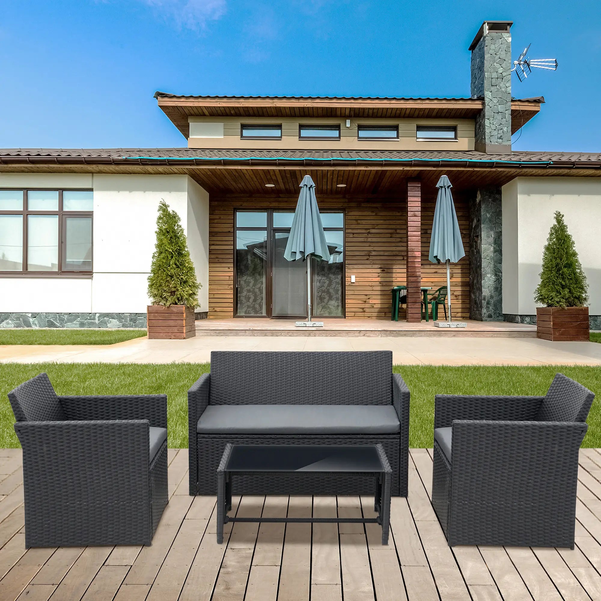 Black 4 Piece Rattan Furniture Set with Grey Cushions, 2 Armchairs and Dark Coffee Table