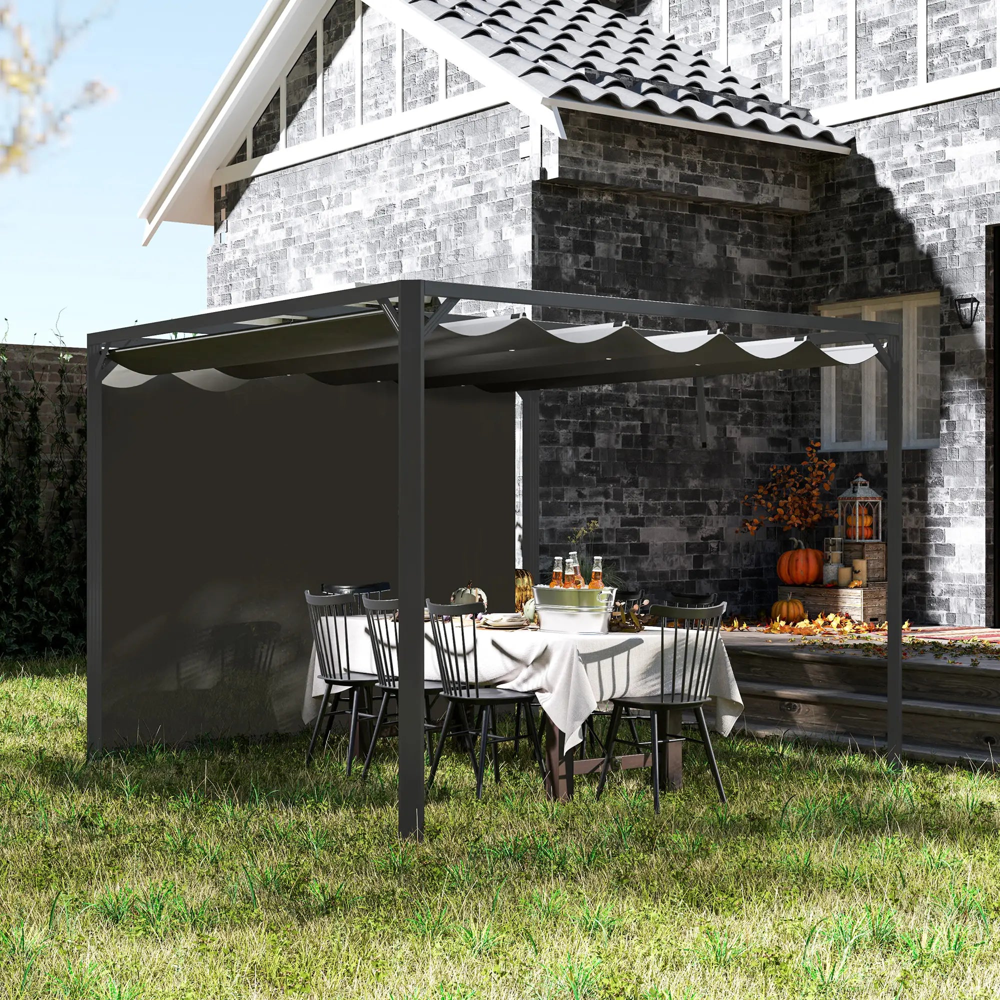 3m x 3m Aluminium Pergola With Retractable Roof and Wall - Dark Grey