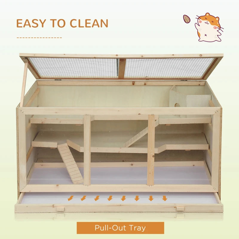 Wooden Hamster Cage for Small Animals with Openable Top and Exercise Play House 115L x 57W x 55Hcm Natural