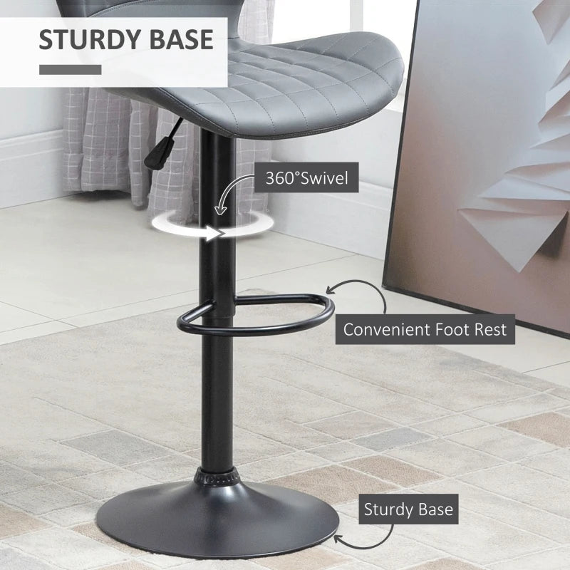Adjustable Height Swivel Bar Stools Set of 2 - Grey PU Leather Chairs with Backrest & Footrest