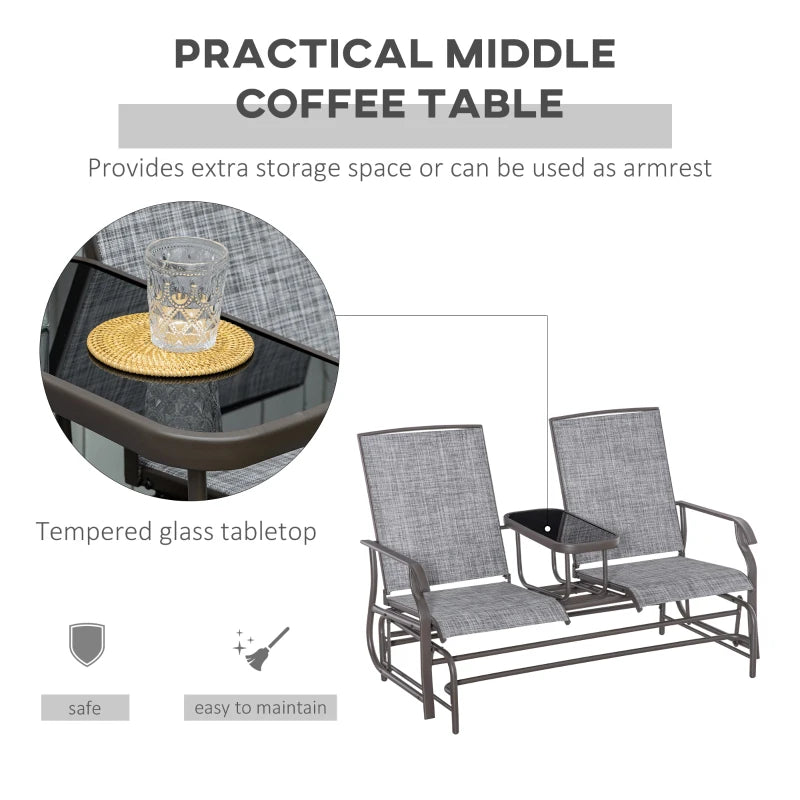 Metal Garden Glider Loveseat with Glass Table, 2 Seats, Brown/Grey