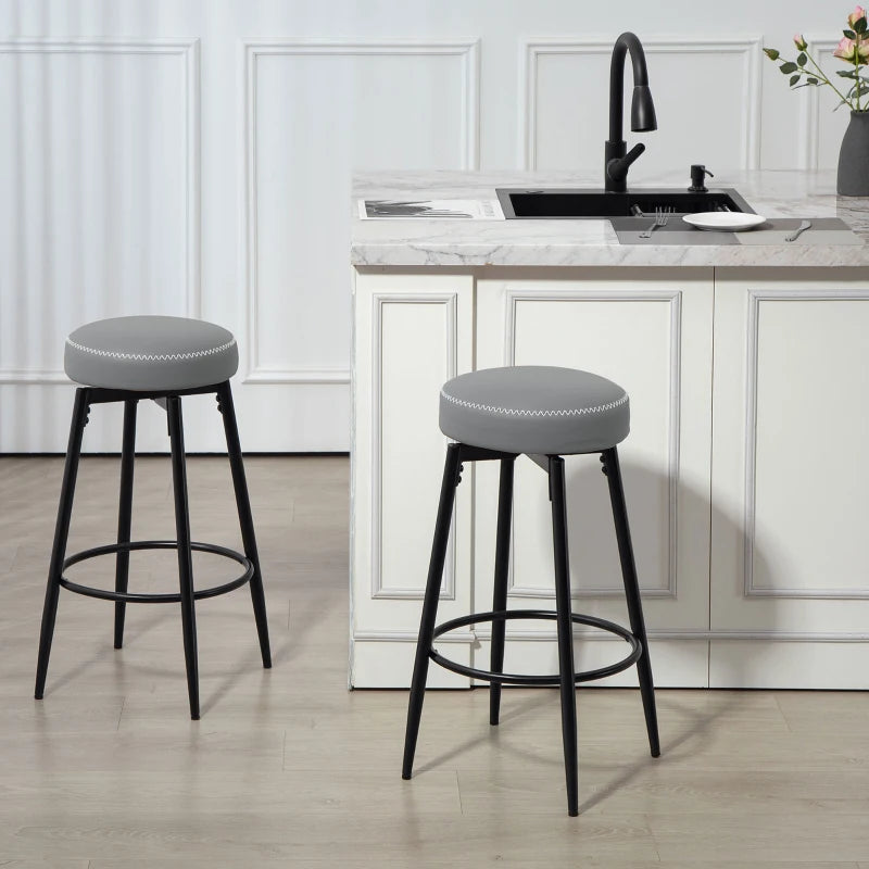 Stylish Set of 2 Faux Leather Bar Stools - Modern Grey and Black Design for Kitchen or Home Bar