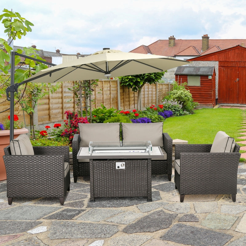 5-Piece Rattan Patio Furniture Set with Gas Fire Pit Table, Loveseat, Armchairs - Dark Brown