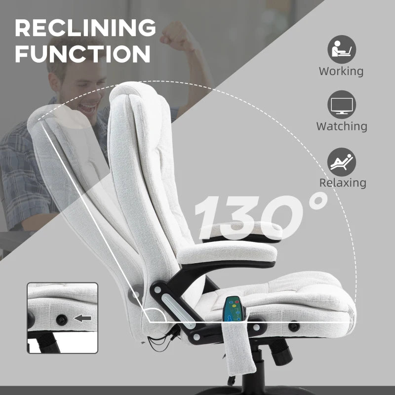 Vinsetto Heated Massage Recliner Chair - 6 Massage Points, 360° Swivel, Linen-Feel Fabric, Cream White - Perfect for Office & Home