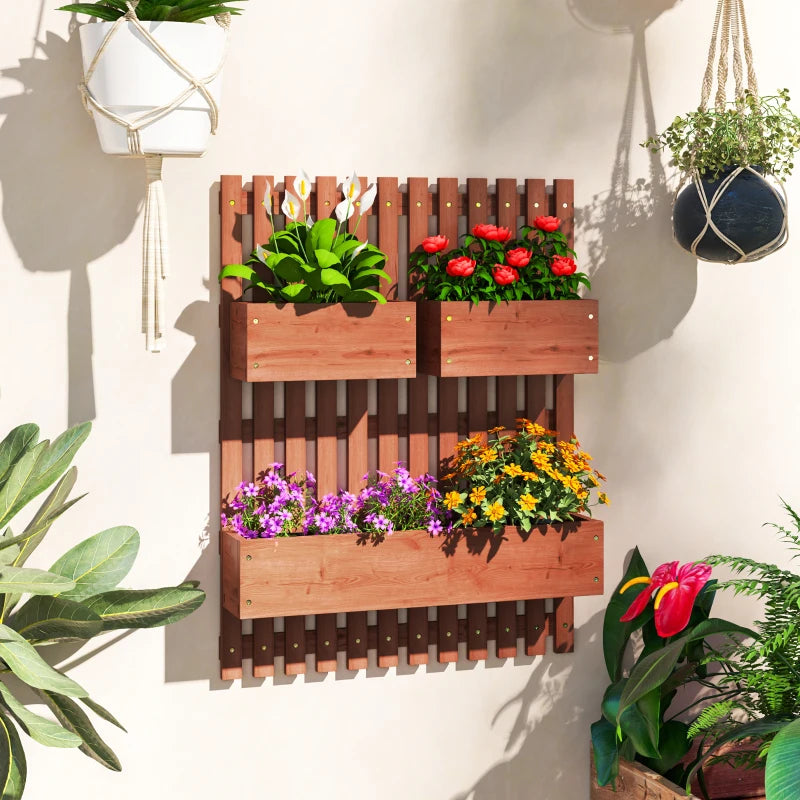 Wall-Mounted Wooden Garden Planters with Trellis - Brown - 3 Planter Boxes with Drainage Holes for Patio - 120cm