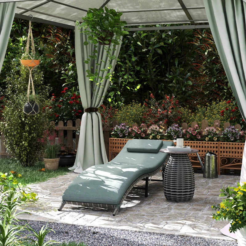 Rattan Folding Sun Lounger Outdoor Chair with Cushion and Pillow in Mixed Grey