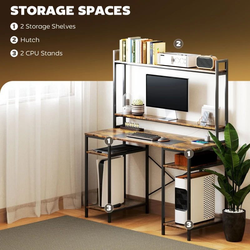 Rustic Brown Computer Desk with Power Outlets & LED Lights, Home Office Study Table, Monitor Stand & Storage Shelves