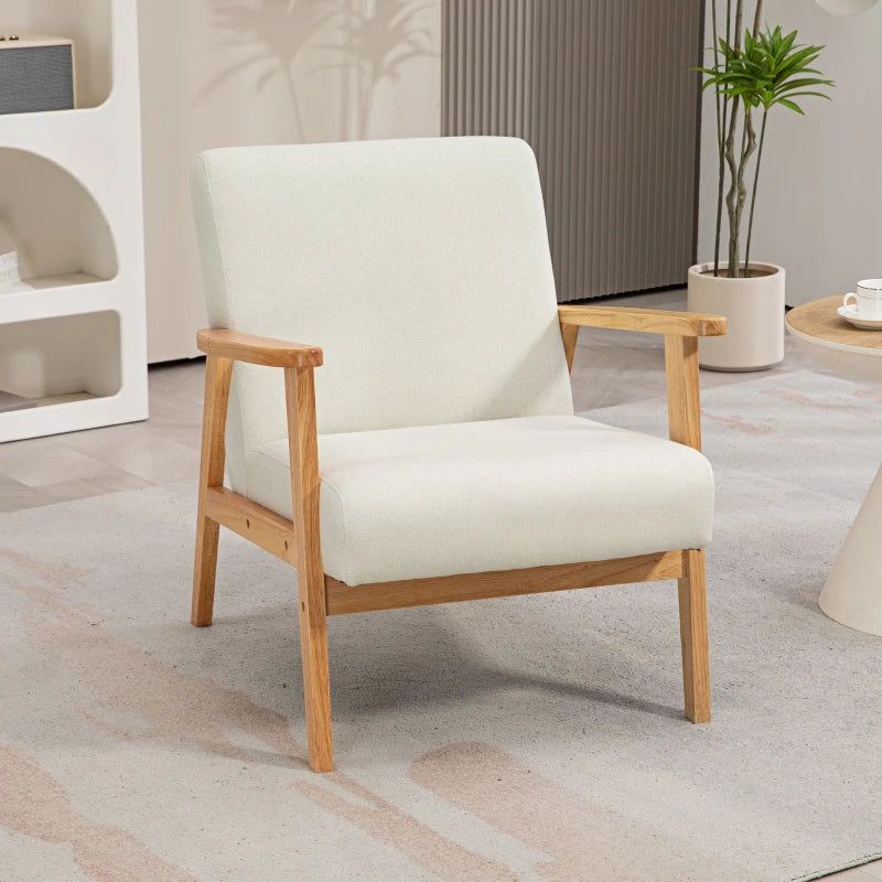 Stylish Cream White Fabric Accent Chair with Rubber Wood Frame and Comfortable Padded Cushion for Living Room