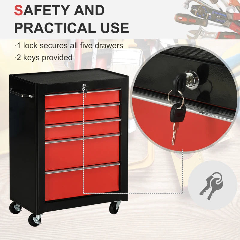 Black & Red Metal Tool Chest With Wheels & Key