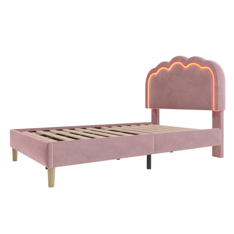 Pink Upholstered Single Bed with LED Adjustable Headboard, Velvet Frame, Wooden Slats, Easy Assembly, 197L x 101W x 109H cm