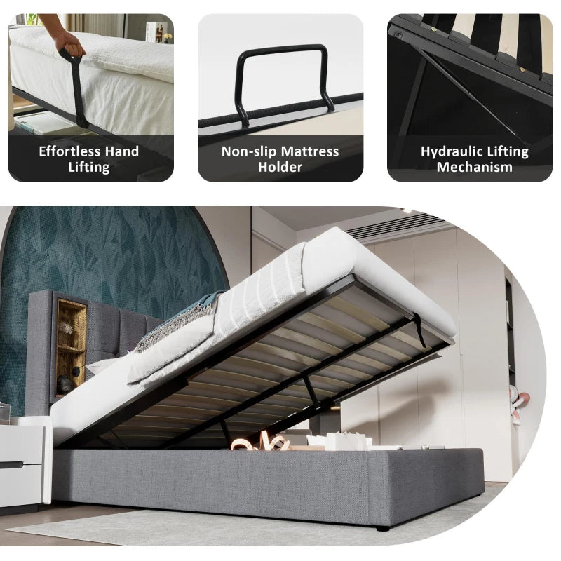 Upholstered Super King Size Bed Frame with Wireless Charging & Hydraulic Storage - Grey, 206L x 185W x 100.5H cm