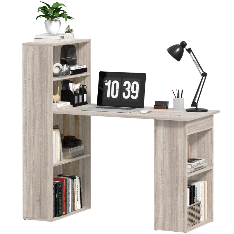 120cm Wooden Computer Desk with 6-Tier Bookshelves - Grey Home Office Laptop Table & Writing Workstation