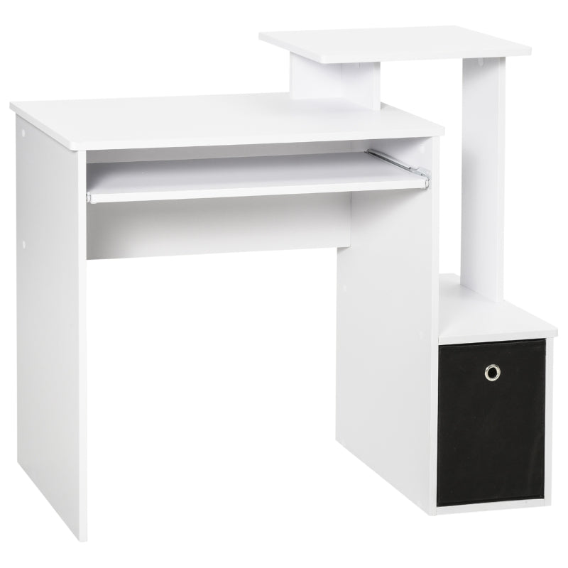 Modern White Computer Desk with Sliding Keyboard Tray, Storage Drawer & Shelf - Ideal Home Office Workstation