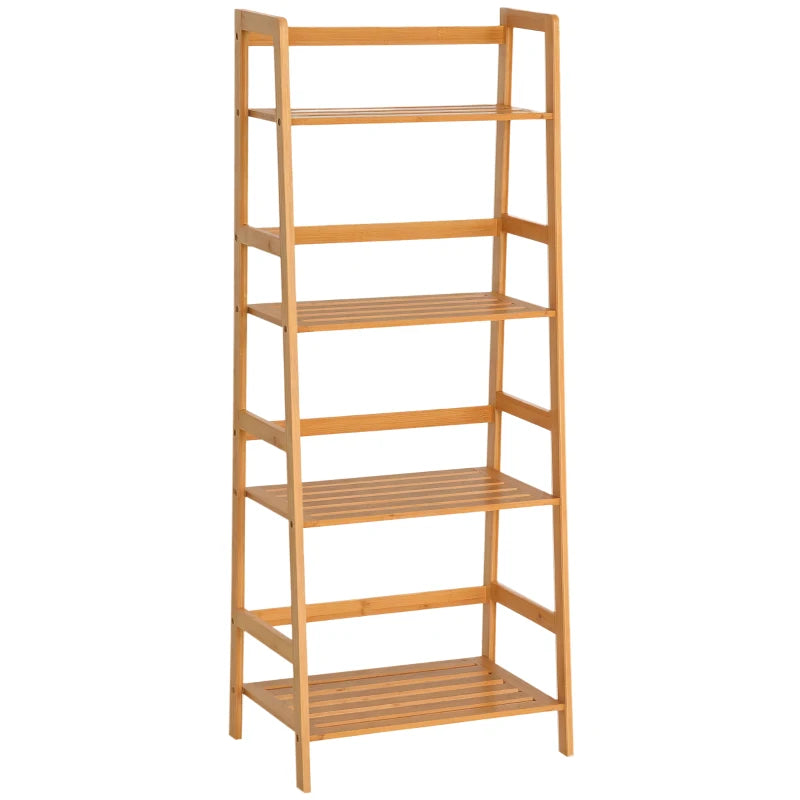 Bamboo Ladder Shelf - 4-Tier Freestanding Bookcase for Living Room, Study & Home Office - Natural Wood Effect, 48x31.5x120cm