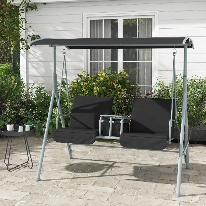 Black 2-Seater Patio Swing Chair with Tilting Canopy and Storage