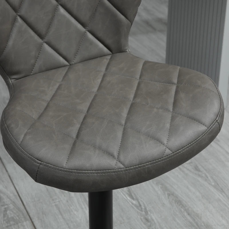 Set of 2 Dark Grey Swivel Bar Stools with Backrest & Footrest - Steel Frame, Diamond Pattern PU for Kitchen & Dining