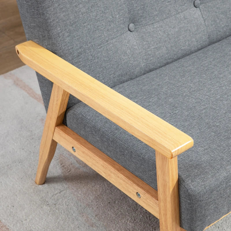 Modern 2 Seater Sofa in Dark Grey Linen Fabric with Tufted Design and Rubberwood Legs for Living Room and Kitchen