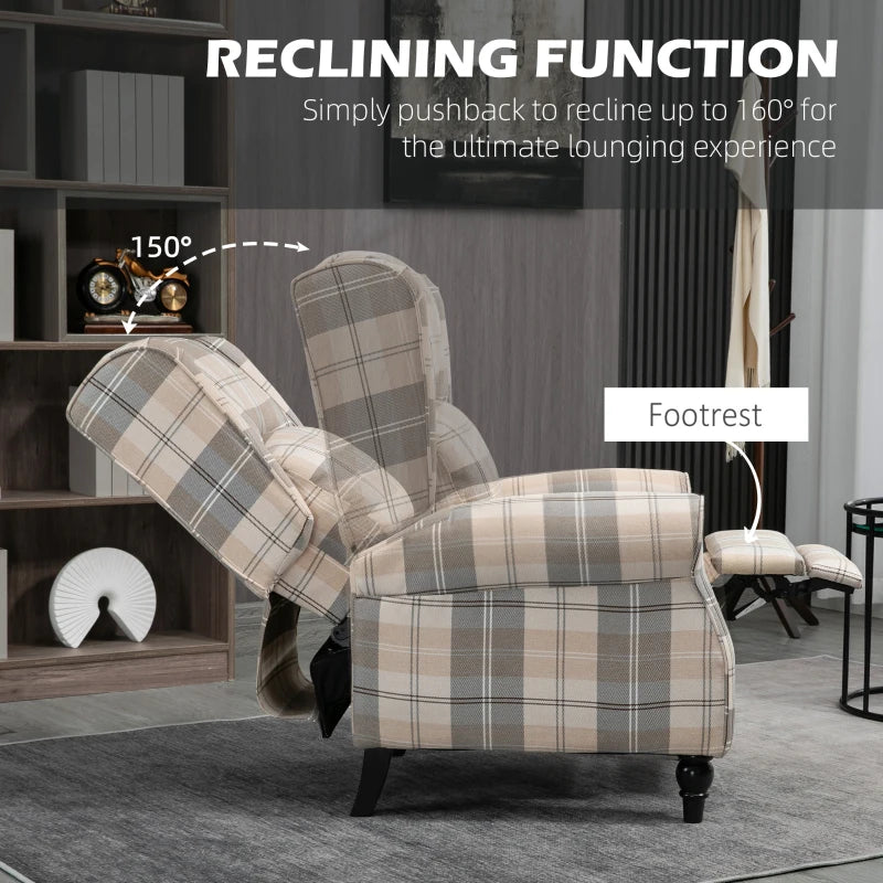Khaki Wingback Recliner Armchair for Living Room with Pushback Mechanism, Round Armrests, Footrest and Rubber Wood Legs