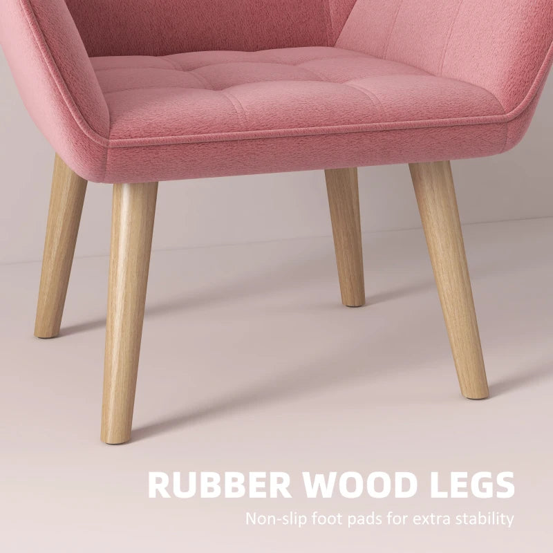 Stylish Pink Accent Chair with Wide Arms, Slanted Back, Thick Padding and Rubber Wood Legs for Living Room