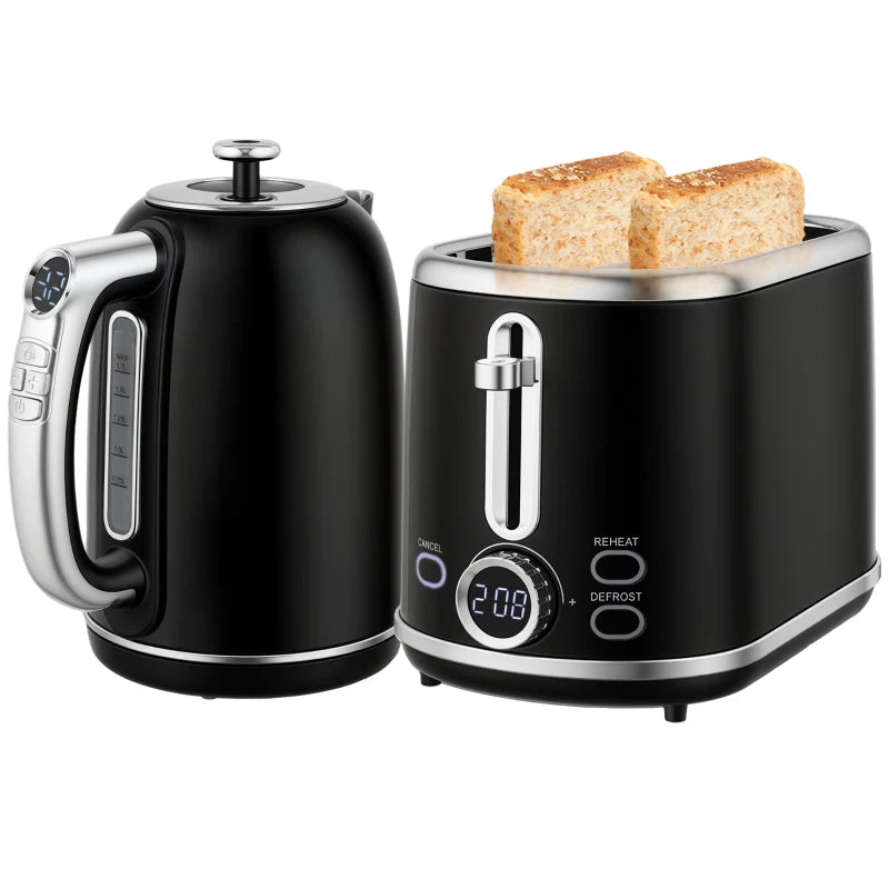 Polished Retro Black Kettle and Toaster Set - Stylish 40-100°C Temperature Control for Modern Kitchens