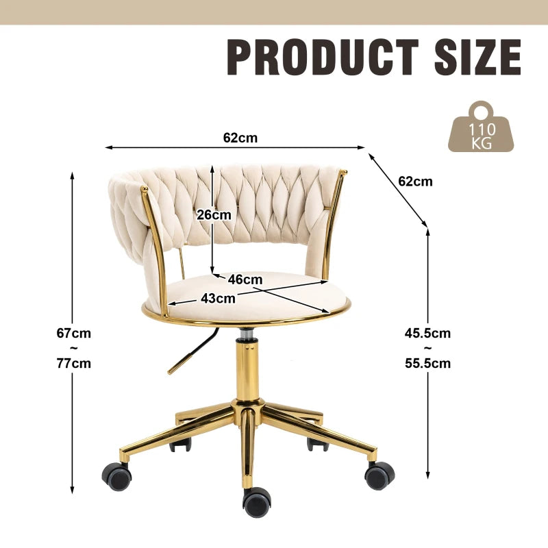 Ivory Velvet 360° Swivel Computer Chair with Backrest, Adjustable Height, 5 Wheels, Stainless Base, 62x62x77 cm