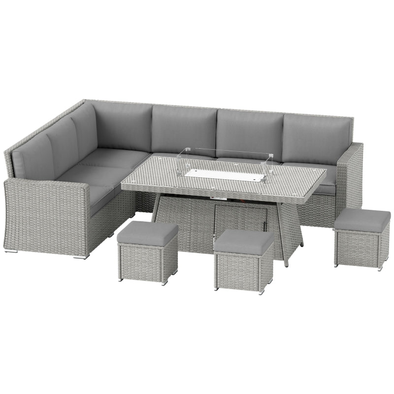 7-Piece Grey Rattan Sofa Set with Firepit Table - Outdoor Patio Furniture
