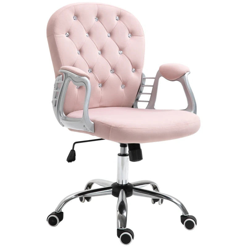 Vinsetto Pink Velvet Office Chair - Swivel Desk Chair with Adjustable Height & Rolling Wheels for Home & Study