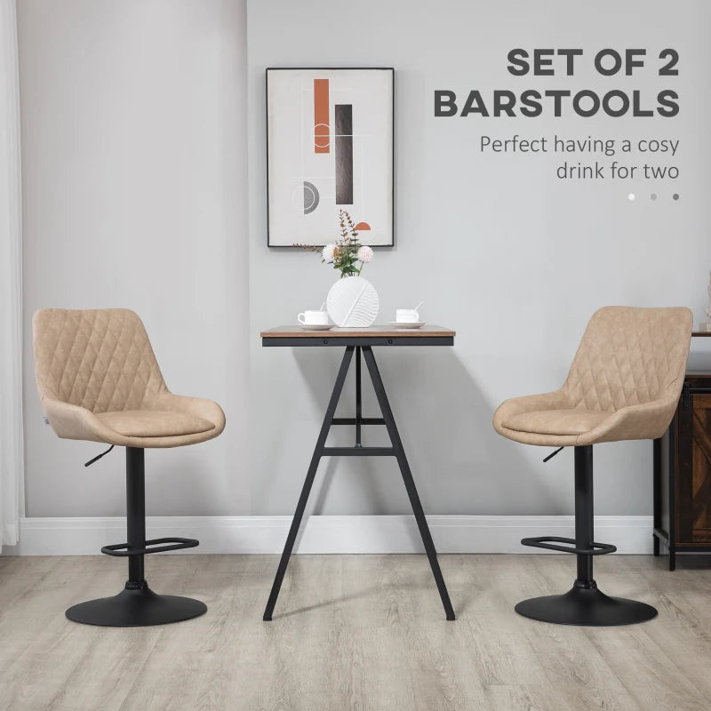 Retro Bar Stools Set of 2 - Adjustable Upholstered Kitchen Chairs with Back, Swivel Seat in Light Khaki