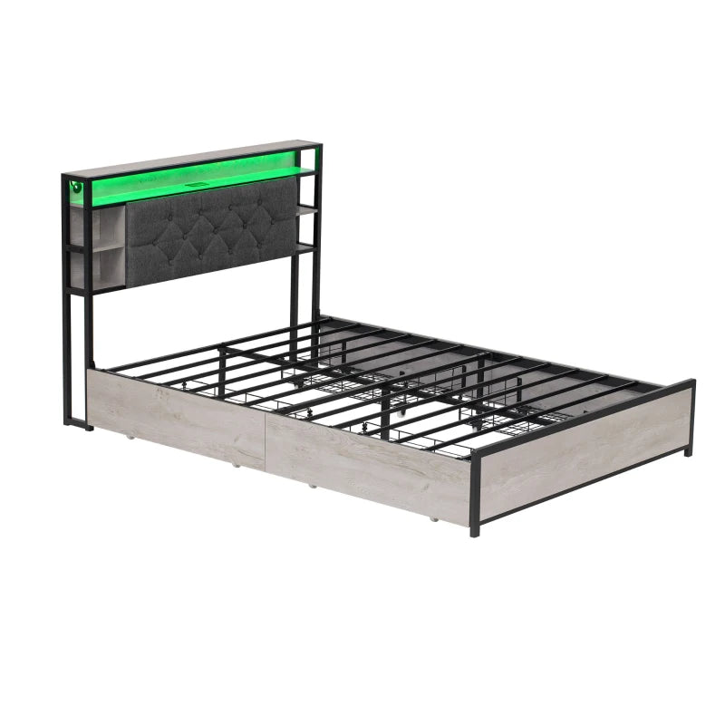 Double Bed Frame with Storage Drawers & RGB LED Lights, USB Ports, Grey & Rustic Brown, 207x138x101 cm