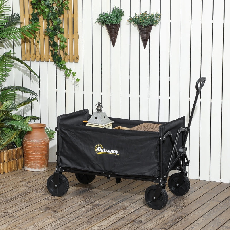120L Folding Garden Trolley Cart - Black Outdoor Collapsible Wagon with Wheels & Adjustable Handle for Beach, Camping & Festivals