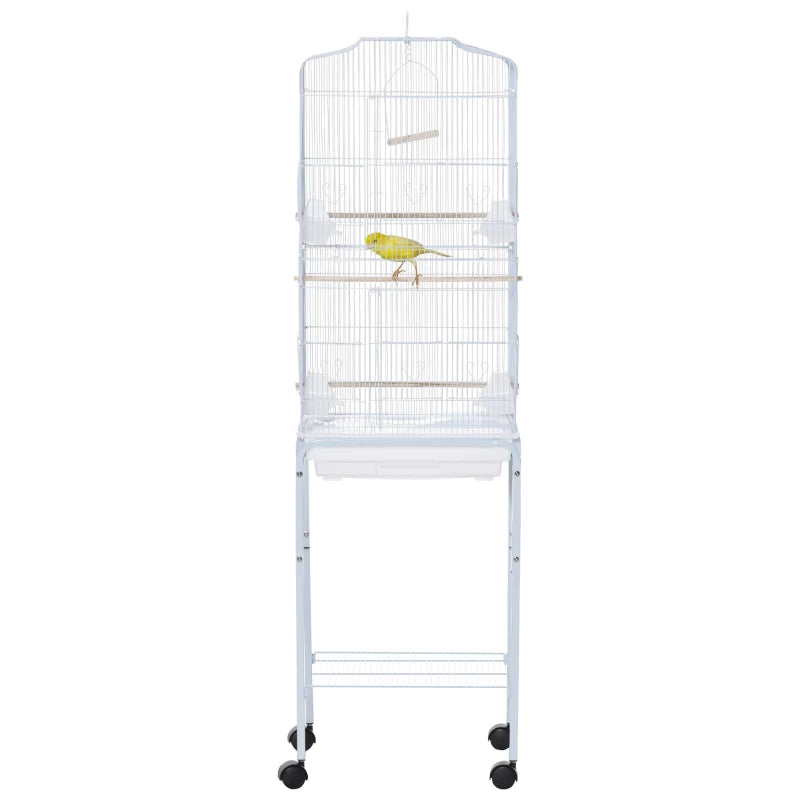 Premium Bird Cage for Budgies, Finches & Parakeets with Stand, Wheels, Slide-out Tray & Storage Shelf - White 46.5x36x157 cm