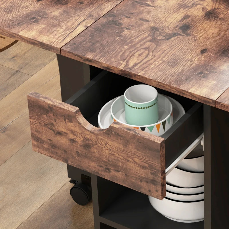 Rustic Brown Folding Dining Table with Drop Leaf, Storage Drawer & Shelves - Perfect for Small Spaces, Kitchen & Dining Room