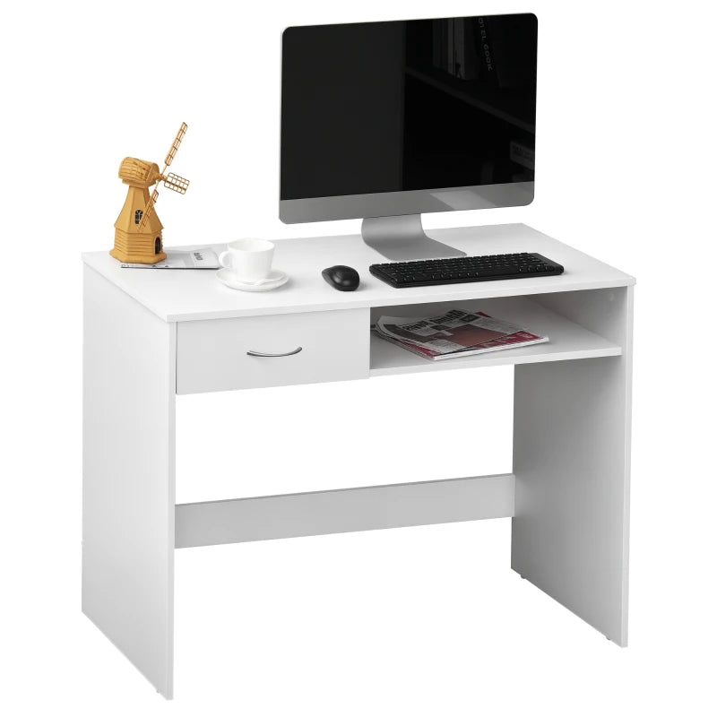 Compact White Computer Desk with Drawer & Storage Compartment - Stylish Study Table & Writing Workstation for Home Office