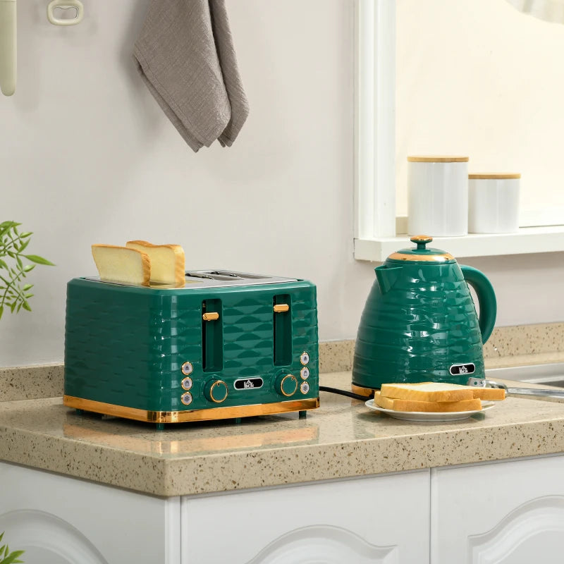 3000W 1.7L Rapid Boil Kettle & 4 Slice Toaster Set - Green, 7 Browning Controls, Crumb Tray, Kitchen Essentials