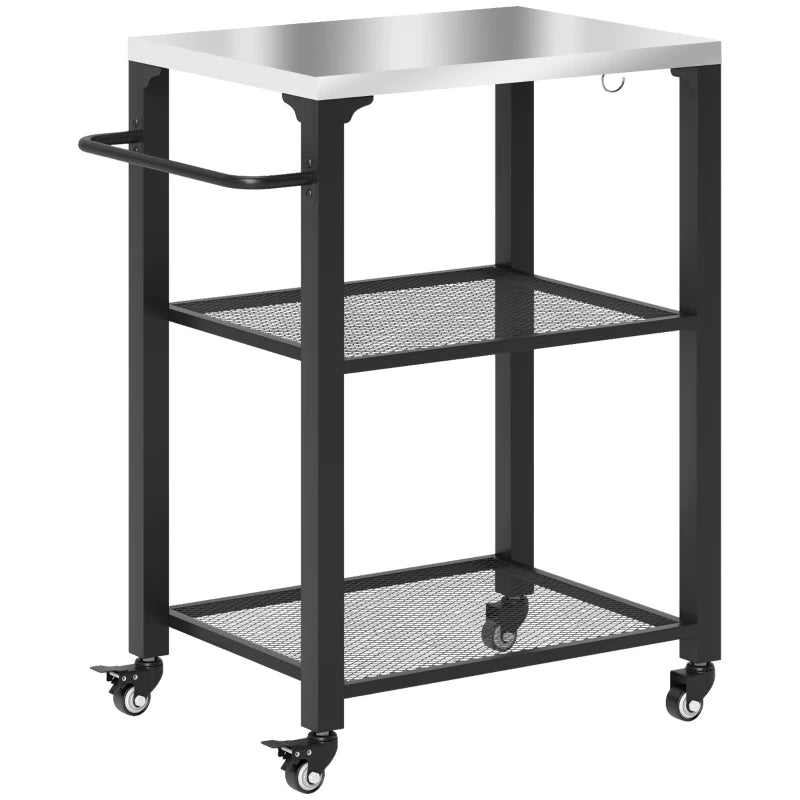 Three-Shelf Outdoor Grill Cart with Stainless Steel Top & Wheels - Movable BBQ Kitchen Island with Hooks, 65.5x41x79 cm