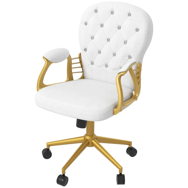 Vinsetto Cream White Height Adjustable Office Chair - Button Tufted Computer Chair with Padded Armrests & Tilt Function