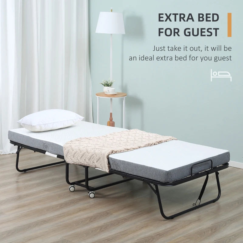 Portable Folding Guest Bed with 10cm Mattress Sturdy Metal Frame on Wheels
