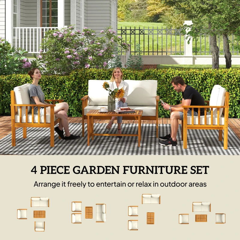 Four-Piece Acacia Wood Garden Sofa Set with Teak Finish and Cream Cushions