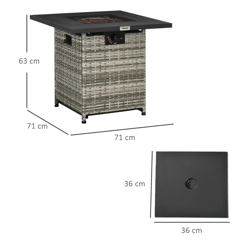 Outdoor PE Rattan Gas Fire Pit Table - 40,000 BTU Square Propane Heater with Rain Cover, Mesh Lid & Lava Stone - Mixed Grey