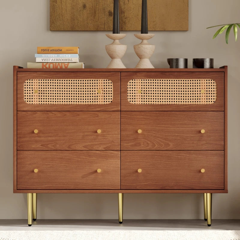 Vintage Rattan Sideboard Cabinet with Storage Drawers - Wooden Chest for Bedroom & Hallway, 120x40x90 cm, Walnut Finish