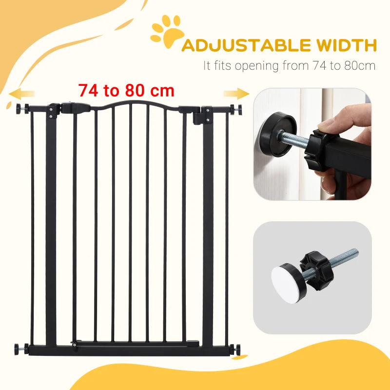 Pressure Fit Dog Stair Gate - No Drilling Safety Gate with Auto Close, Adjustable 74-80cm, 94cm Tall, Black for Doorways & Hallways