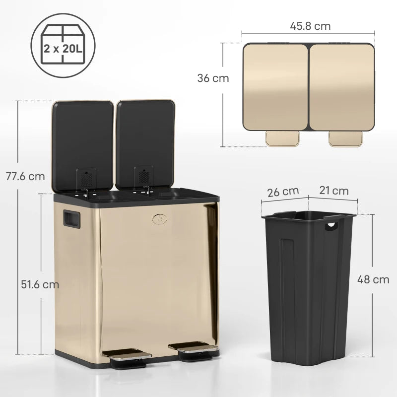 40L Dual Compartment Stainless Steel Trash Bin with Deodoriser Holders - Elegant Gold Tone for Modern Kitchens