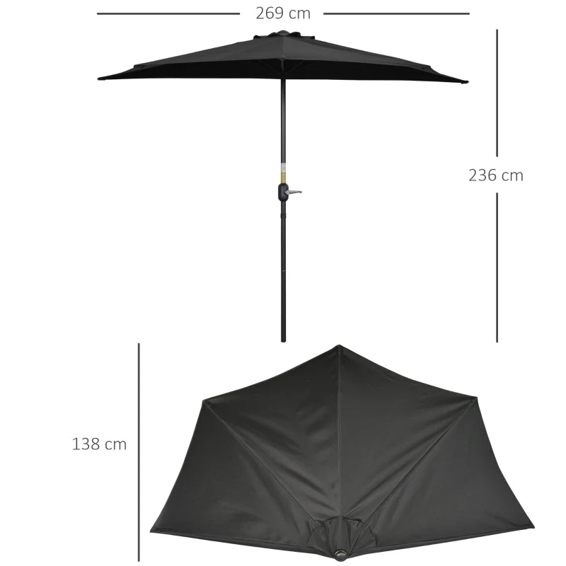 Black 2.7m Half Garden Parasol with 5 Steel Ribs