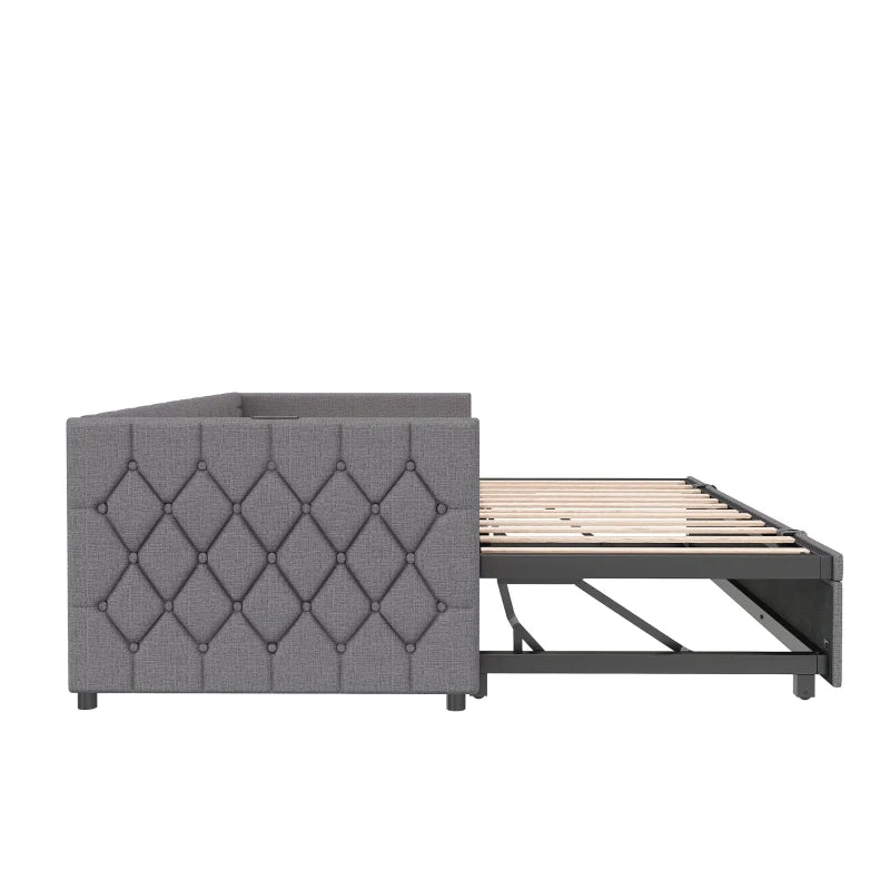 Upholstered Daybed with USB & Type-C Ports, Button-Tufted Trundle Bed for Bedroom & Study, Grey, 206L x 193W x 71H cm