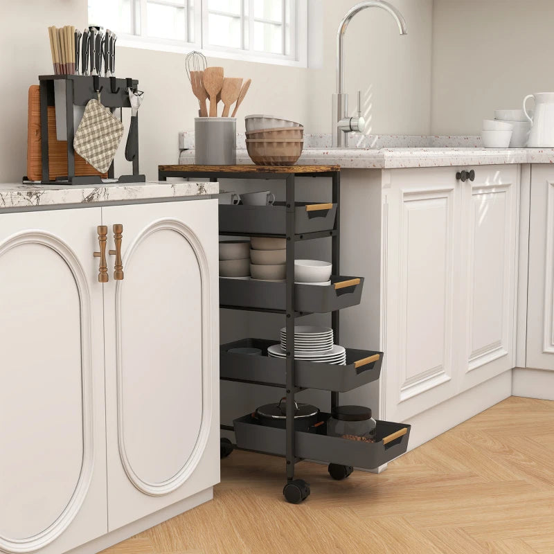 5-Tier Rolling Storage Cart with Wheels for Kitchen and Home Organization Black