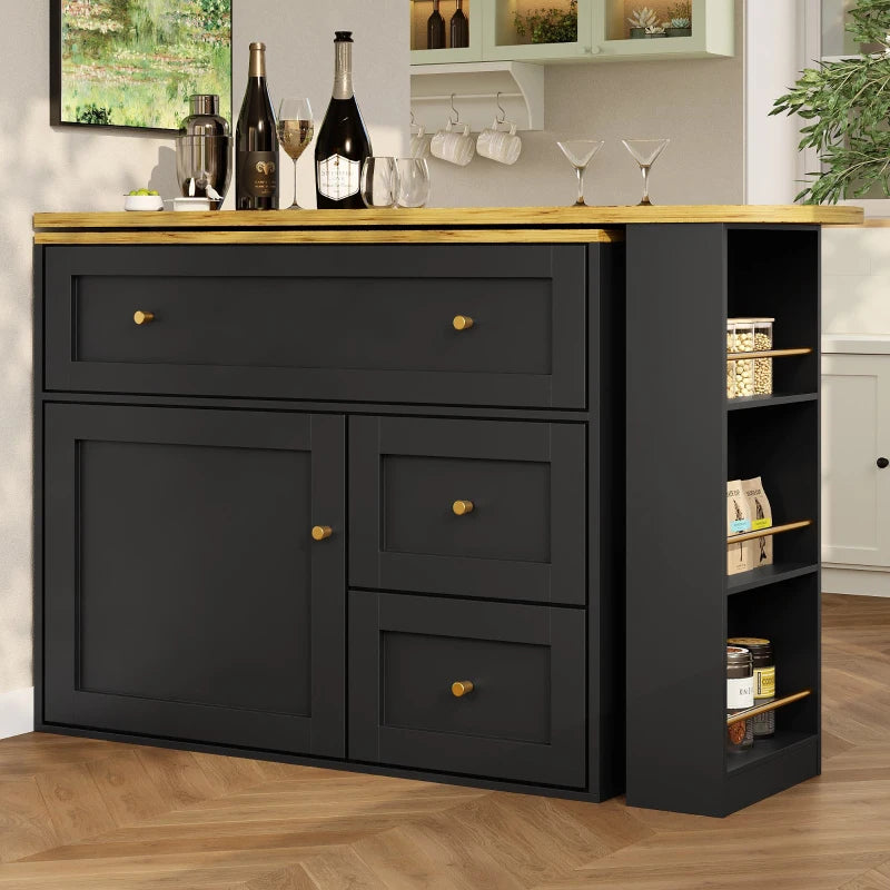 Extendable Bar Table with Storage, 360° Rotating Base & Snack Shelf, Folding Drawers, Black Bistro Table - 204L x 39W x 105H cm